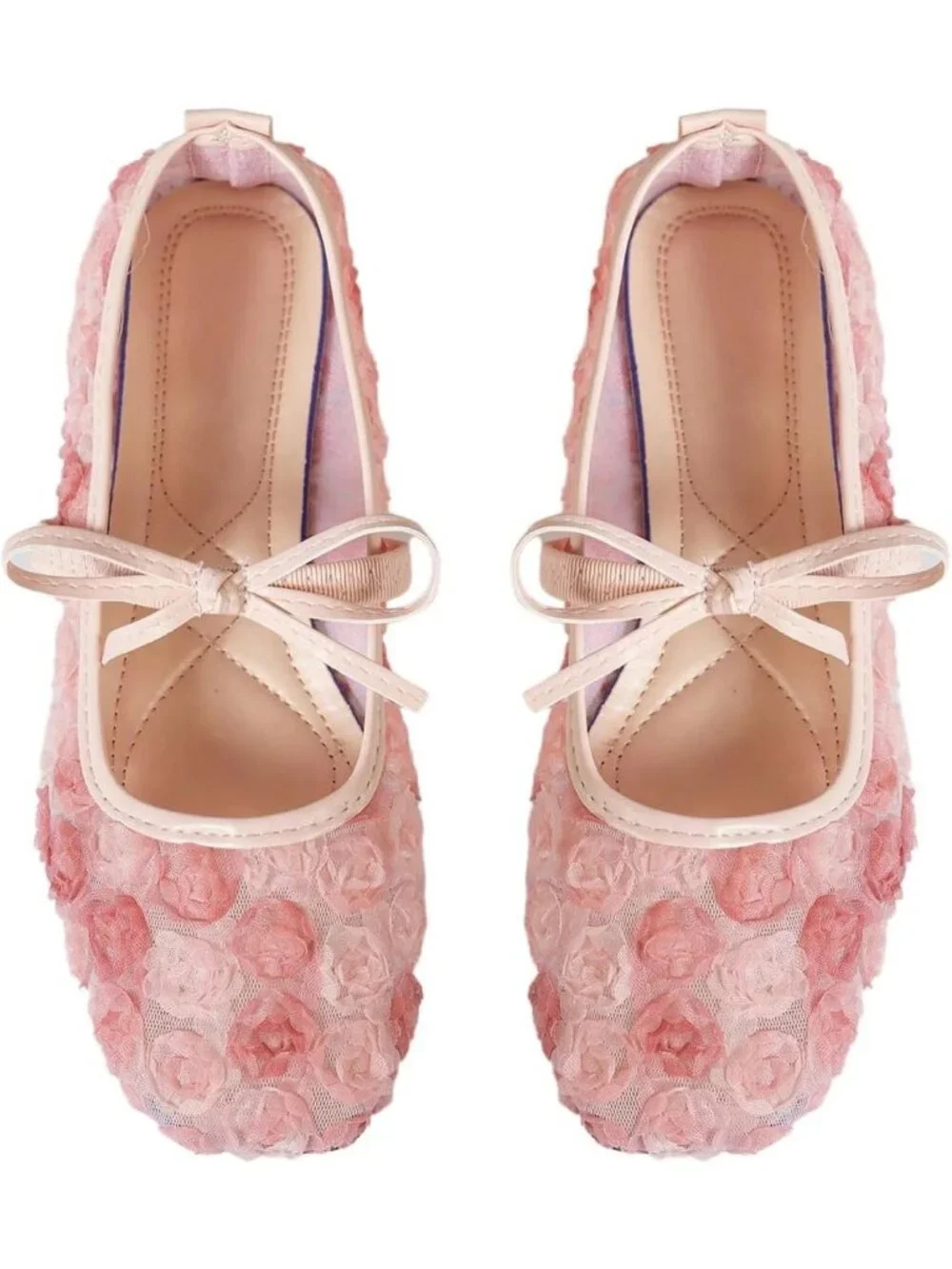 Women's Bright Pink Mesh Ballet Flats Lace Bow Square Toe Wedding Dressy Shoes